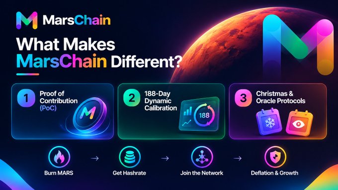 An infographic for MarsChain explaining 'What Makes MarsChain Different?', highlighting three features: Proof of Contribution (POC), 188-Day Dynamic Calibration, and Christmas & Oracle Protocols, with icons for burning MARS, getting hashrate, joining the network, and deflation/growth.