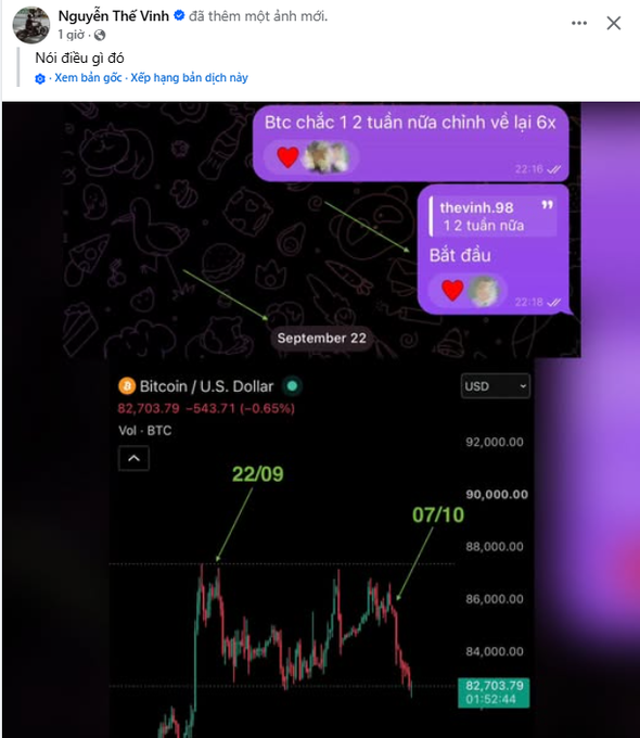 A Vietnamese social media post by Nguyễn Thế Vinh predicting BTC will increase 6x in the next 1-2 weeks, with a Bitcoin price chart showing a timeline from 22/09 to 07/10.
