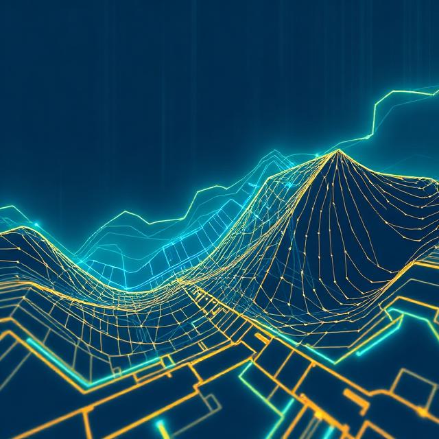 In this digital artwork, there are lines of varying thicknesses arranged across a vibrant blue background that mimic a mountain range or landscape with hills. These elements create an overall pattern resembling a quilt or a grid-like structure. The presence of mountains in different shades of yellow and green adds depth to the image.