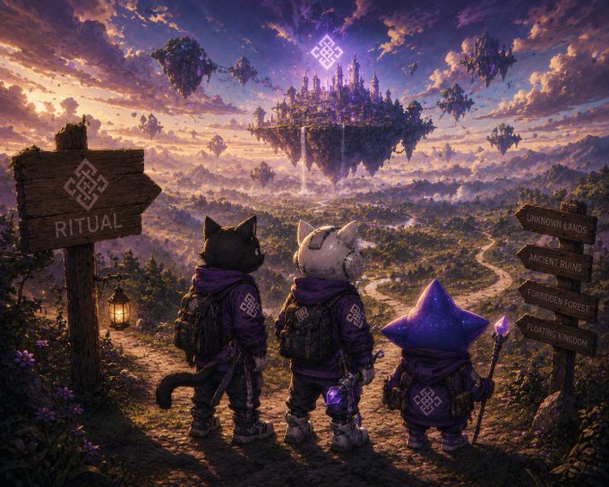 Two cat-like adventurers and a star-shaped companion gaze toward a floating kingdom above a misty valley, with a signpost reading "RITUAL" on the left and arrows pointing to "UNKNOWN LANDS," "ANCIENT RUINS," "FORBIDDEN FOREST," and "FLOATING KINGDOM" on the right. The image visually mirrors the post's theme of gradual exploration, with the adventurers surveying a vast landscape of destinations—reflecting how Ritual's ecosystem offers many evolving paths rather than a single destination.