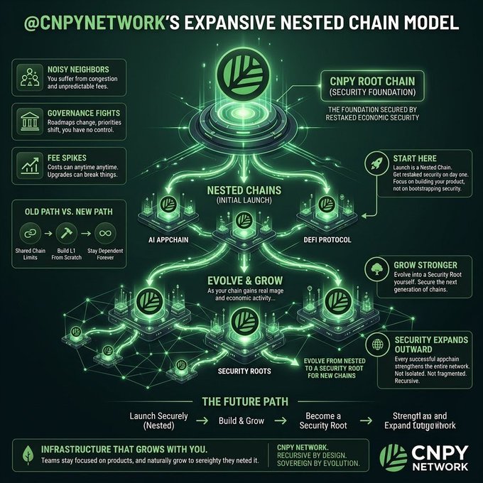 An infographic titled '@CNPYNETWORK'S EXPANSIVE NESTED CHAIN MODEL' details a blockchain system featuring 'CNPY ROOT CHAIN', 'SECURITY ROOTS', and 'NESTED CHAINS', contrasting with issues like 'NOISY NEIGHBORS' and 'GOVERNANCE FIGHTS'.