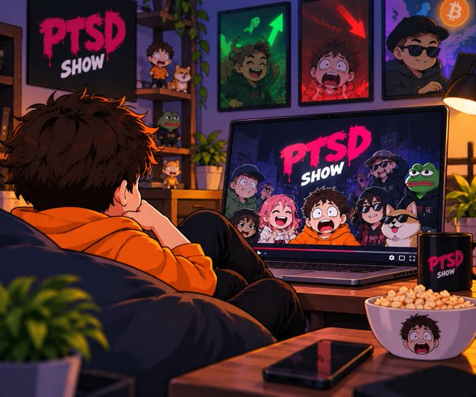 Anime-style illustration of a person in an orange hoodie watching a 'PTSD Show' on a laptop, with show-themed posters, merchandise, and a bowl of cereal on the desk.