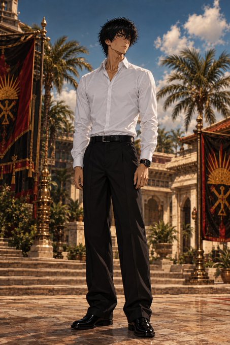 A tall anime-style man in a white dress shirt and black trousers stands on palace steps with ornate banners.