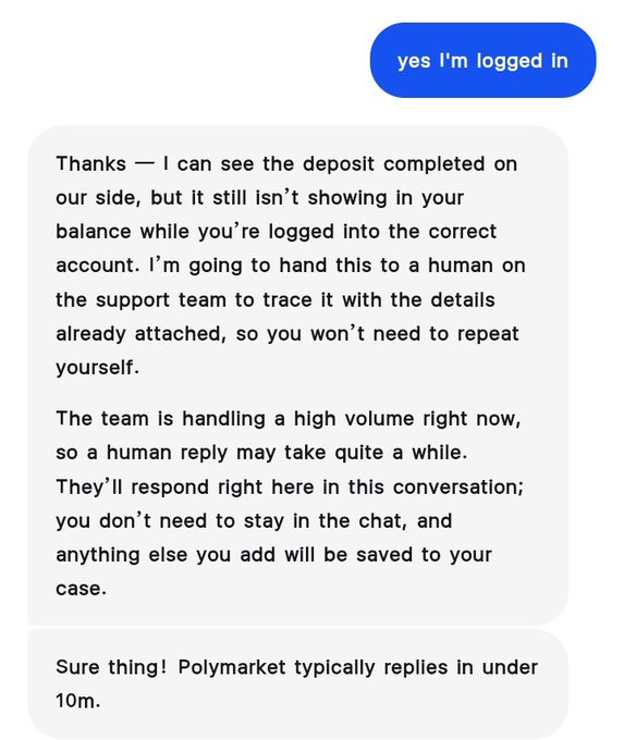 A customer service chat screenshot where the user confirms 'yes I'm logged in' and the support agent explains that the deposit is completed on their end but not showing in the user's balance, stating they'll hand it to a human team for tracing, and a final message indicates Polymarket typically replies in under 10m.