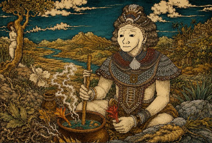 The image features an illustration of a woman sitting outdoors with a pot of flowers or candles nearby. The scene includes mountains in the background, suggesting that they are in a natural setting like a garden or park. The caption above the image reads "The market can shake. The candles can test patience. But real believers are forged all the moments especially like this." This phrase is related to the post about the woman who was made into a statue by the market and how she persevered despite the challenges.