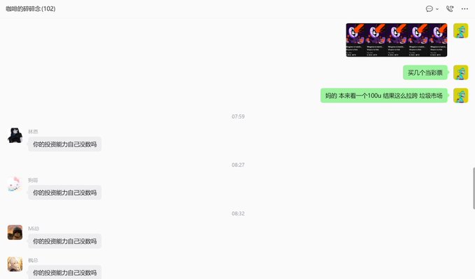 A Chinese-language chat group screenshot titled '咖啡的碎碎念' with messages discussing purchasing tickets and a 100u price prediction, along with multiple users responding '你的投资能力自己没数吗' (Do you not know your own investment ability?).