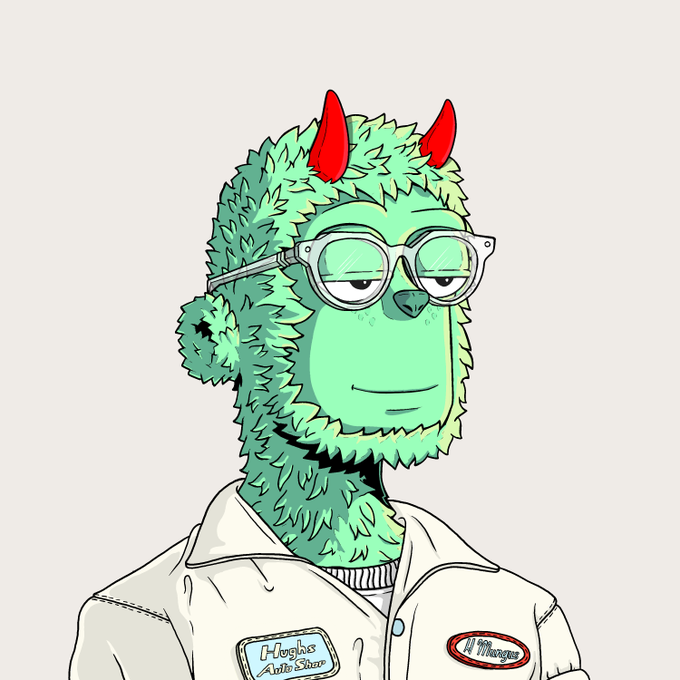 An illustration of a green furry monster with red horns wearing glasses and a 'Hogan's Auto Glass' mechanic shirt.