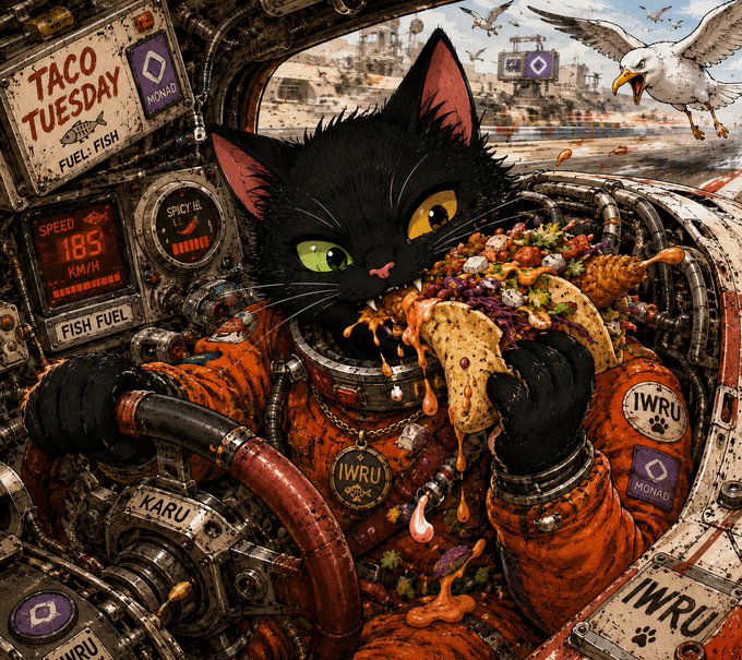 A detailed illustration shows a black cat in an orange space suit eating a taco, with visible text including 'TACO TUESDAY', 'FISH FUEL', 'SPEED 185 KM/H', and the 'MONAD' and 'IWRU' logos.