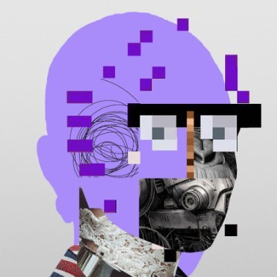 A digital collage portrait featuring a purple head silhouette overlaid with pixelated glitch effects, robot-like square eyes, and mechanical textures on the lower portion of the face.