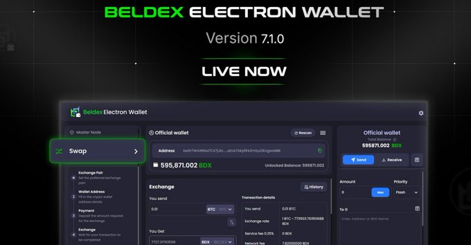 A promotional graphic for the Beldex Electron Wallet Version 7.1.0, announcing it is 'LIVE NOW' with a screenshot of the wallet interface showing a swap feature.