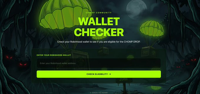 A dark, Halloween-themed "Wallet Checker" page invites users to enter their Robinhood wallet address to determine eligibility for the CHOMP drop, featuring eerie trees, glowing parachutes, and a bright green "CHECK ELIGIBILITY" button.