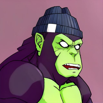 A stylized cartoon illustration of a green-skinned gorilla-like character wearing a dark beanie and jacket, with a scowling expression showing clenched teeth.
