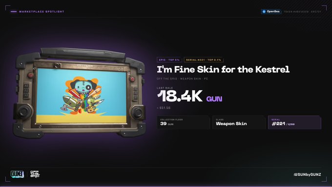 A marketplace interface displaying 'I'm Fine Skin for the Kestrel' weapon skin priced at 18.4K GUNZ, featuring a pixel art character on a device screen.