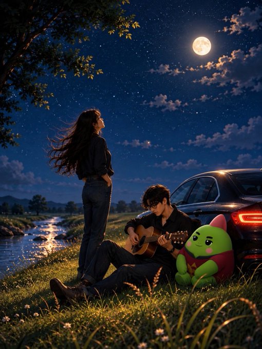 A woman with long flowing hair gazes up at a starry, moonlit sky while a man plays guitar beside a parked vehicle, accompanied by a green Sleepagotchi mascot plush. The serene nighttime scene, set against a tranquil river, visually reinforces the post's theme of recognizing the valuable sleep and wellness data we already generate daily, which Sleepagotchi aims to help consolidate.