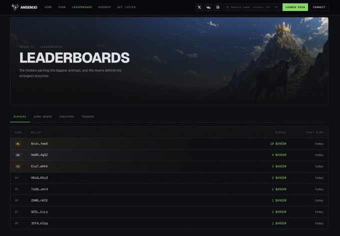 The image shows the Ansem Launchpad Leaderboard page on ansem.io, displaying the "Runners" tab with rankings #01 through #08. The top burner is "BxLh...fwwS" with 10 $ANSEM burned, followed by rankings showing 4, 4, 3, 2, 1, 1, and 1 $ANSEM tokens burned respectively, all marked with "Today" as the first burn date—which humorously illustrates the post's point about minimal overall burning activity despite the "leaderboard" terminology.