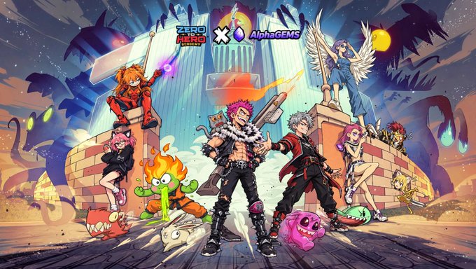 An anime-style artwork showcases various characters and creatures from 'Zero Hero Inu' and 'AlphaGEMS' collaboration, featuring central characters surrounded by monsters and a winged figure.
