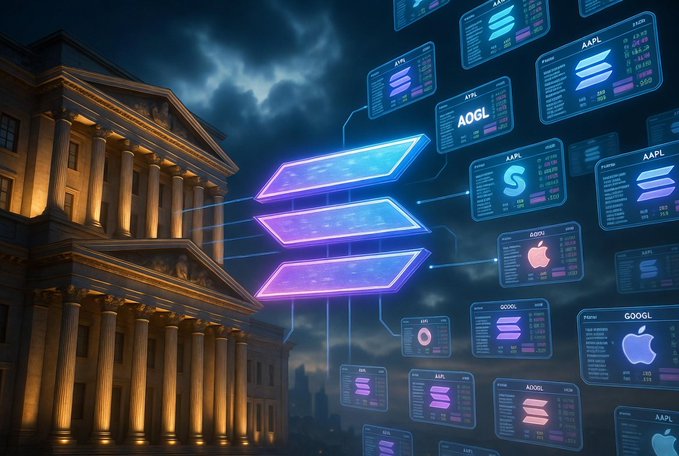 Digital art showing a classical building alongside floating holographic stock tickers including AAPL, GOOGL, AOSL, and SOPS under a cloudy sky.
