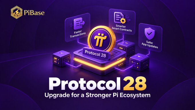 A promotional graphic for "PiBase" announces "Protocol 28: Upgrade for a Stronger Pi Ecosystem," highlighting key benefits of "Faster Transactions," "Smarter Smart Contracts," and "Safer App Updates," which aligns with the post emphasizing the technical nature of this software upgrade while warning against interpreting it as a Mainnet launch, exchange listing, or price recovery catalyst.