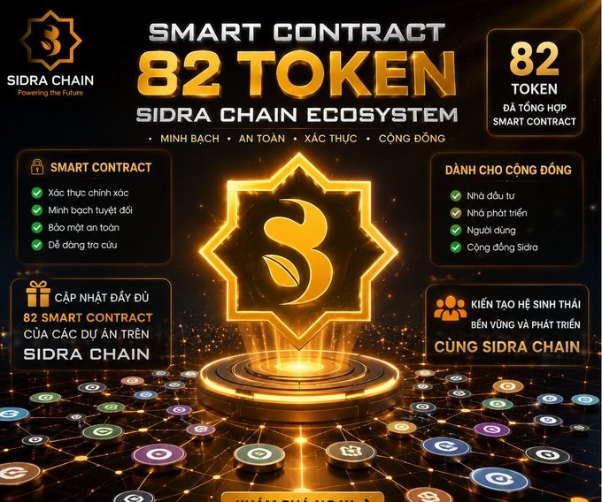 A promotional graphic for 'SIDRA CHAIN ECOSYSTEM' advertising '82 TOKEN' with Vietnamese text including 'MINH BẠCH • AN TOÀN • XÁC THỰC • CỘNG ĐỒNG' and details about smart contracts.
