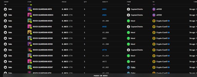 The image shows a marketplace listing page for "ROCK GUARDIAN" NFTs, with multiple sales transactions displayed at 0.0025 ETH each from users like CaptainGhette and knuul to Crypto-Czar61. The listing supports the accompanying post thanking @crypto_czar_eth for purchasing Rock Guardian #750 NFTs from the #Robinhood collection.