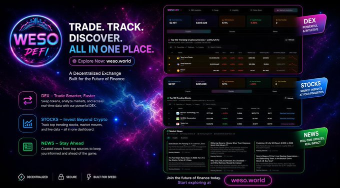 The image features a poster for a cryptocurrency exchange called WESO DEFi. The poster displays various information about the exchange, including its name, the types of coins available, and the benefits of using it. It also highlights that the exchange is currently at the top of its list in terms of popularity among cryptocurrency users.