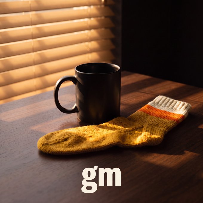 A cozy "gm" morning scene featuring a black coffee mug and yellow socks resting on a wooden table beside sunlit blinds, with the text "gm" displayed at the bottom. The image visually ties to the post's theme of $sock and its coffee/sock branding, while the morning vibe complements the update about security reviews and contract verification progress.