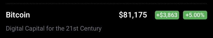 Digital display showing 'Bitcoin' priced at $81,175, up +$3,863 (+5.00%) in green, tagged as 'Digital Capital for the 21st Century.'