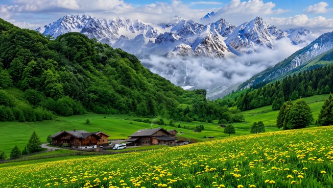 The image shows a beautiful mountain landscape with a small village nestled at its base surrounded by lush green fields, trees, and mountains covered in snow. The scene appears serene and picturesque, with the village appearing quaint and peaceful amidst nature's grandeur. The image also contains text that reads "gm frens a year from now, you'll be grateful for the days you kept going when nothing exciting was happening that's where the real growth happens. it happens quietly, consistently and without shortcuts." This message emphasizes the importance of consistency and patience in achieving long-term success or personal growth.