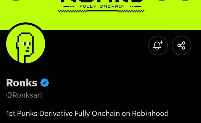 A Twitter/X profile header for 'Ronks' (@Ronksart) with a verified checkmark, featuring a pixel-art skull avatar on a lime green background and text announcing '1st Punks Derivative Fully Onchain on Robinhood.'