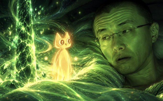 A man with glasses looks surprised as a glowing, stylized orange cat appears amidst swirling green magical energy.