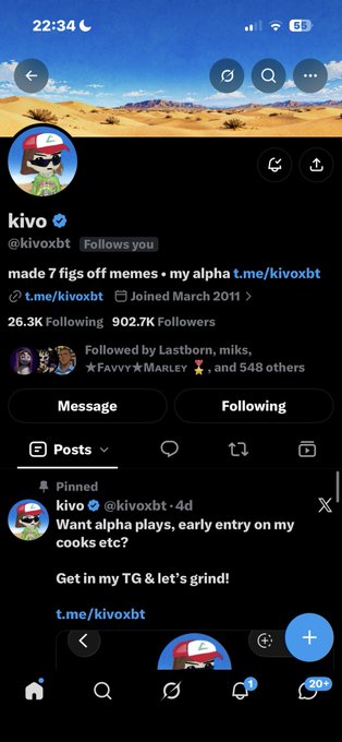 A mobile Twitter/X profile screenshot shows the user "kivo" (@kivoxbt) with the bio "made 7 figs off memes • my alpha t.me/kivoxbt," showing 26.3K Following and 902.7K Followers.