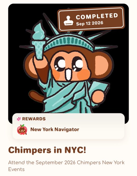 A digital achievement card from Duolingo titled "Chimpers in NYC!", showing a cartoon chimpanzee dressed as the Statue of Liberty, marked as "COMPLETED Sep 12 2026" with a "New York Navigator" reward.