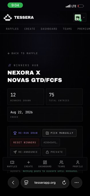 A mobile screenshot of the Tessera app showing a raffle winners hub for 'NEXORA X NOVAS GTD/FCFS' with 12 winners drawn out of 75 total entries, ended on Aug 22, 2026.