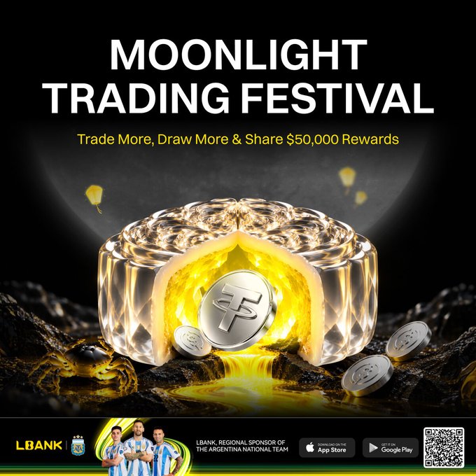 A promotional banner for LBank's "Moonlight Trading Festival" featuring a glowing golden treasure chest overflowing with USDT coins against a dark background, advertising a $50,000 reward pool for trading Spot and Futures, with LBank noted as a regional sponsor of the Argentina National Team and download links for the App Store and Google Play.