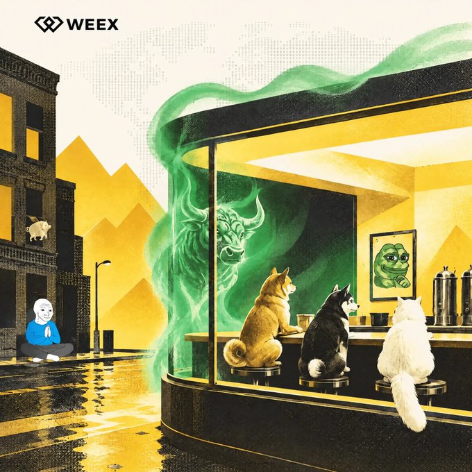 A colorful WEEX illustration depicting a meditating figure, a small pig on a building, and cats at a bar counter with a green ghost-like bull.