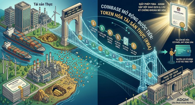 A Vietnamese-language infographic explains tokenized real-world assets (RWA) using a bridge metaphor, showing how Coinbase supports asset tokenization from institutions like ADGM (Abu Dhabi Global Market).
