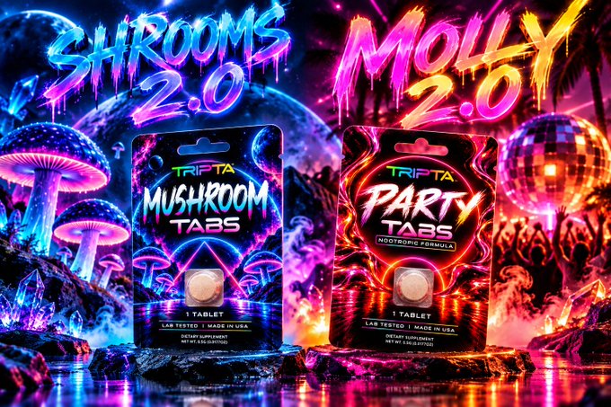 Two product packages from TRIPTA are displayed: "MUSHROOM TABS" on the left under neon blue "SHROOMS 2.0" text with glowing mushrooms, and "PARTY TABS" on the right under pink "MOLLY 2.0" text with a disco ball.