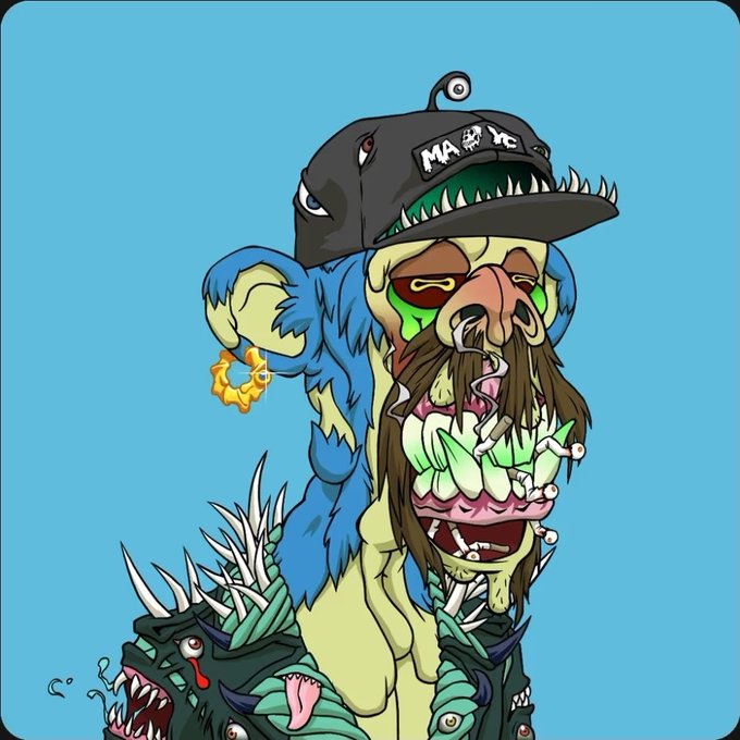 A cartoon-style NFT illustration of a zombie-like ape character wearing a black cap with "MAXX" on it, featuring sharp teeth, a beard, and a spiked jacket against a blue background.