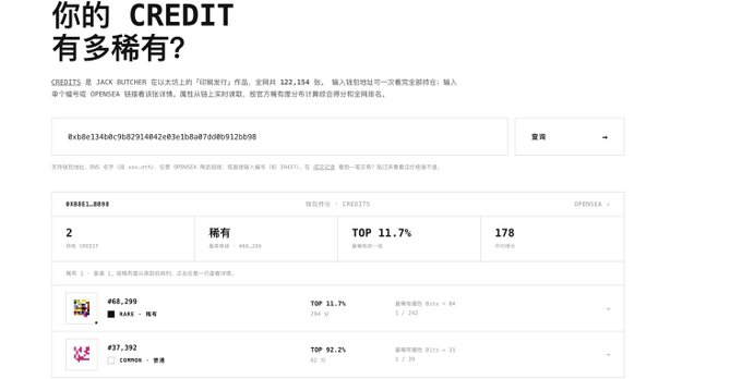 A Chinese-language webpage displaying a rarity score ("稀有") check for a CREDITIS (KAMEL) NFT collection, showing a score of 2, ranking #88,250 out of 482,250 with TOP 11.7%, based on the input contract address.