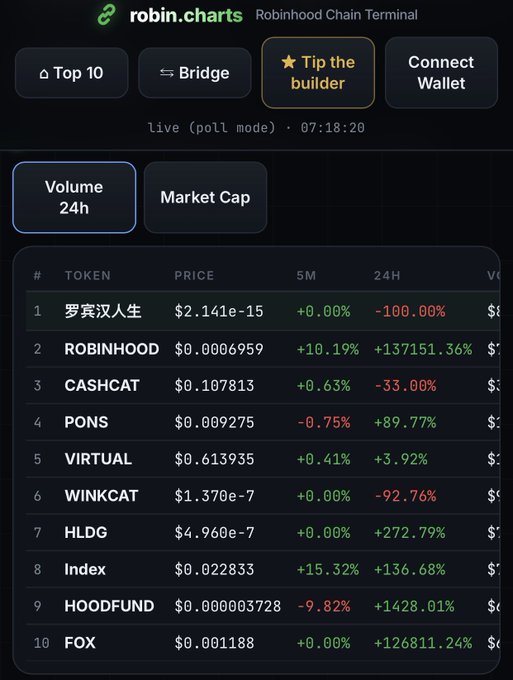 A screenshot of the Robinhood Chain Terminal showing cryptocurrency tokens including ROBINHOOD, CASHCAT, PONS, VIRTUAL, WINKCAT, HLDG, Index, HOODFUND, and FOX with their prices and 24-hour volume changes.