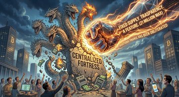 A satirical illustration showing a multi-headed dragon labeled 'CENTRALIZED FORTRESS' surrounded by crumbling Bitcoin buildings and angry crowds holding picket signs about fees and censorship.