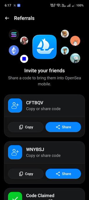 A mobile app screen for OpenSea referrals displays an invitation to 'Invite your friends' with shareable codes 'CFTBQV' and 'WNYBSJ', along with a 'Code Claimed' notification.