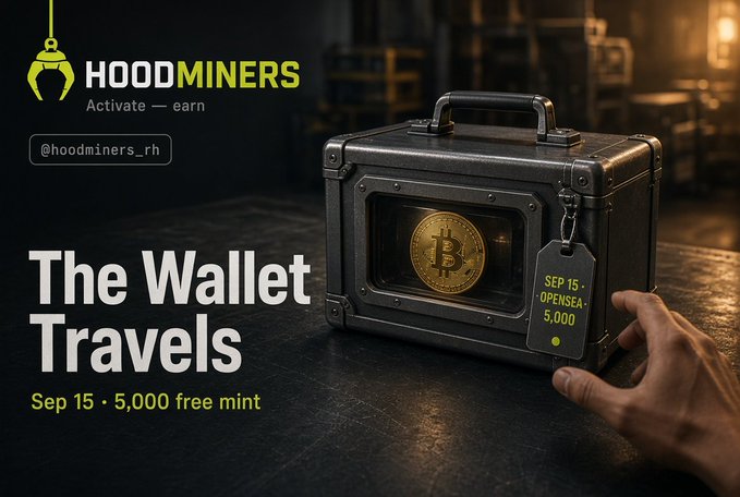 A promotional banner for 'HOODMINERS' featuring a metallic briefcase containing a Bitcoin, with text '@hoodminers_rh', 'Activate — earn', 'The Wallet Travels', and 'Sep 15 · 5,000 free mint' along with a tag reading 'SEP 15 - OPENSEA - 5,000'.