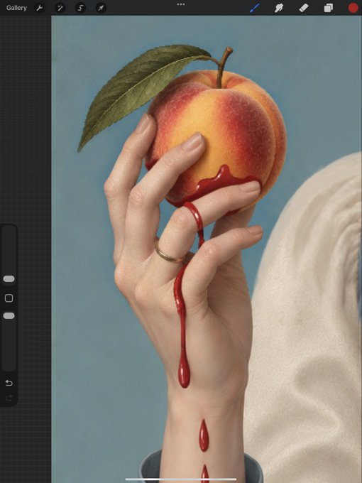 A digital painting application screenshot showing a surreal artwork of a hand holding a peach with red liquid dripping down the wrist and arm, reminiscent of classical art with a blue background.