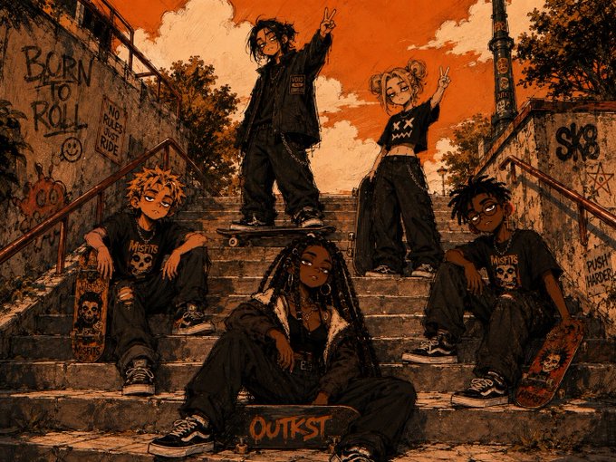 An anime-style illustration of a group of five skaters dressed in black streetwear posing on graffiti-covered stairs under an orange sky.