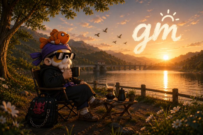 A whimsical character with sunglasses, a purple headscarf, and a goldfish perched on their head sits in a folding chair by a serene lake at sunrise, sipping coffee from a small table setup, while the stylized text "gm" glows in the sky—perfectly matching the post's cheerful "good morning" Friday greeting and hopeful message about early risers chasing their blessings.