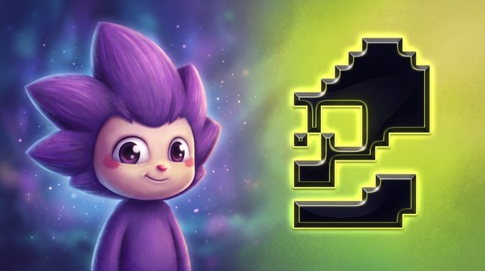 A cute purple cartoon character with spiky fur and large expressive eyes stands against a starry cosmic background next to a stylized black "2" logo with neon yellow accents, visually highlighting the two NFT collections mentioned in the post.