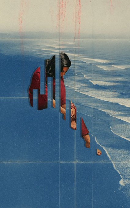 Vintage-style collage artwork featuring a fragmented figure in red clothing and a face partially blended into a sweeping blue ocean waves background.