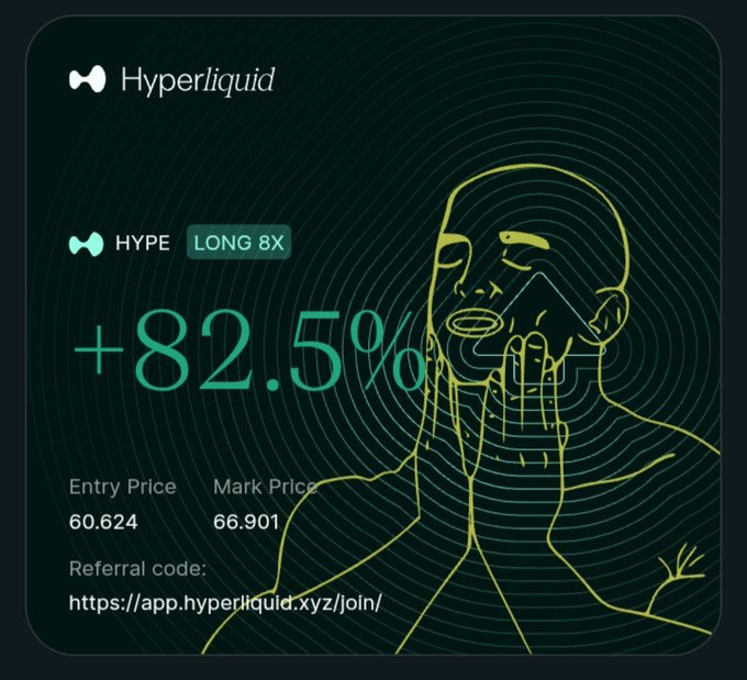 The stat is that with $HYPE Long you could theoretically book a 82.5% profit. The picture of the bald man adding to the position is once again a reference to adding to your buy position which will increase the ROI over time.