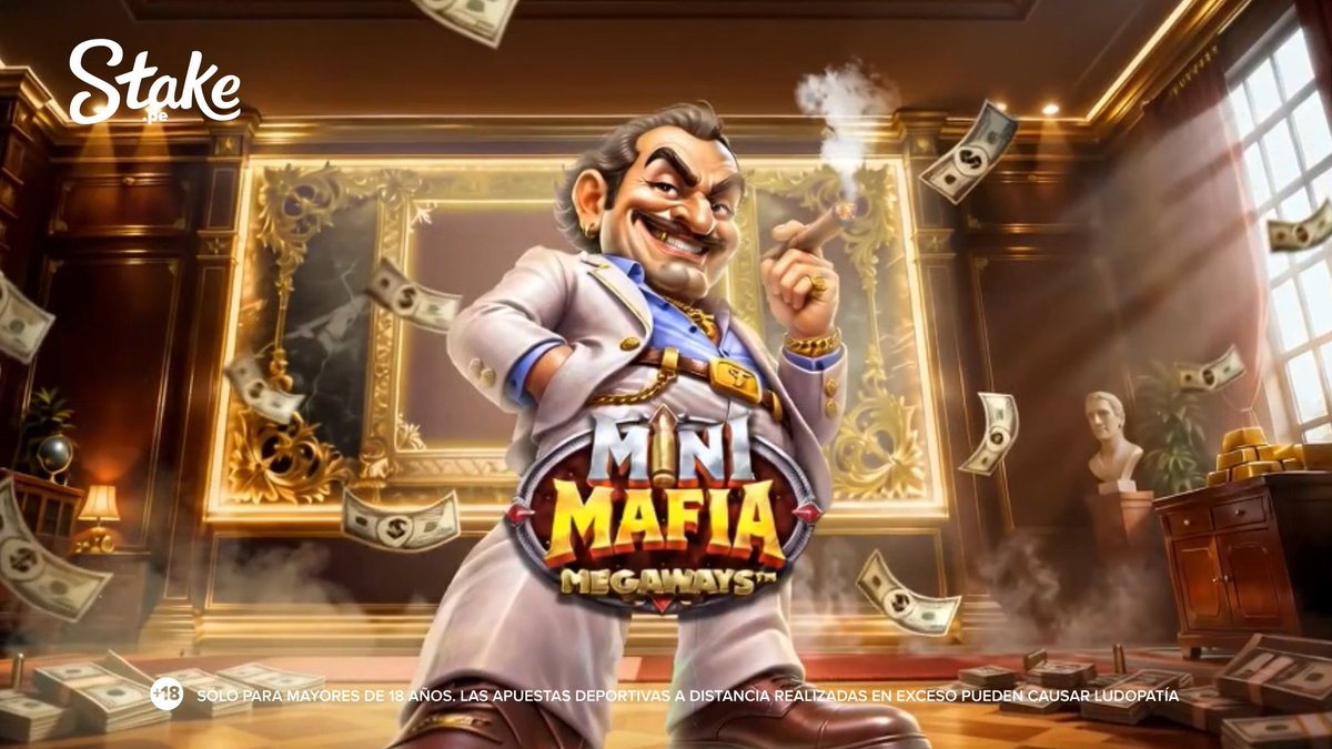 A cartoon mafia boss in a white suit smokes a cigar amid flying dollar bills in a luxurious office, promoting the "Mini Mafia Megaways" slot game available on Stake, with an 18+ age warning and a responsible gambling message in Spanish at the bottom. The image ties directly to the post's invitation to join the mafia business and multiply loot by playing this exclusive Stake game.